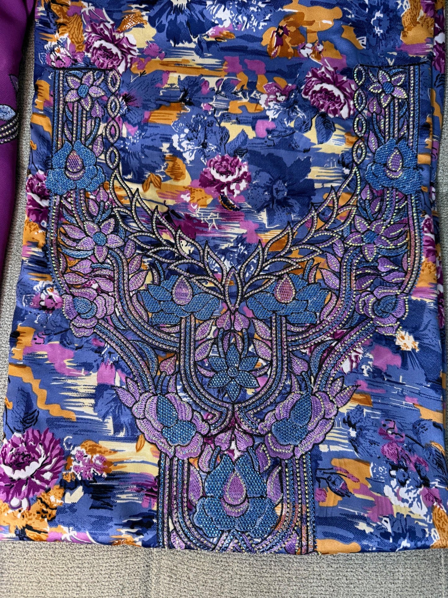Blue Purple Floral Printed Silk Makhwar | Beaded Embroidery with Matching Purple Veil | Luxury Occasion Fabric (Not Ready)