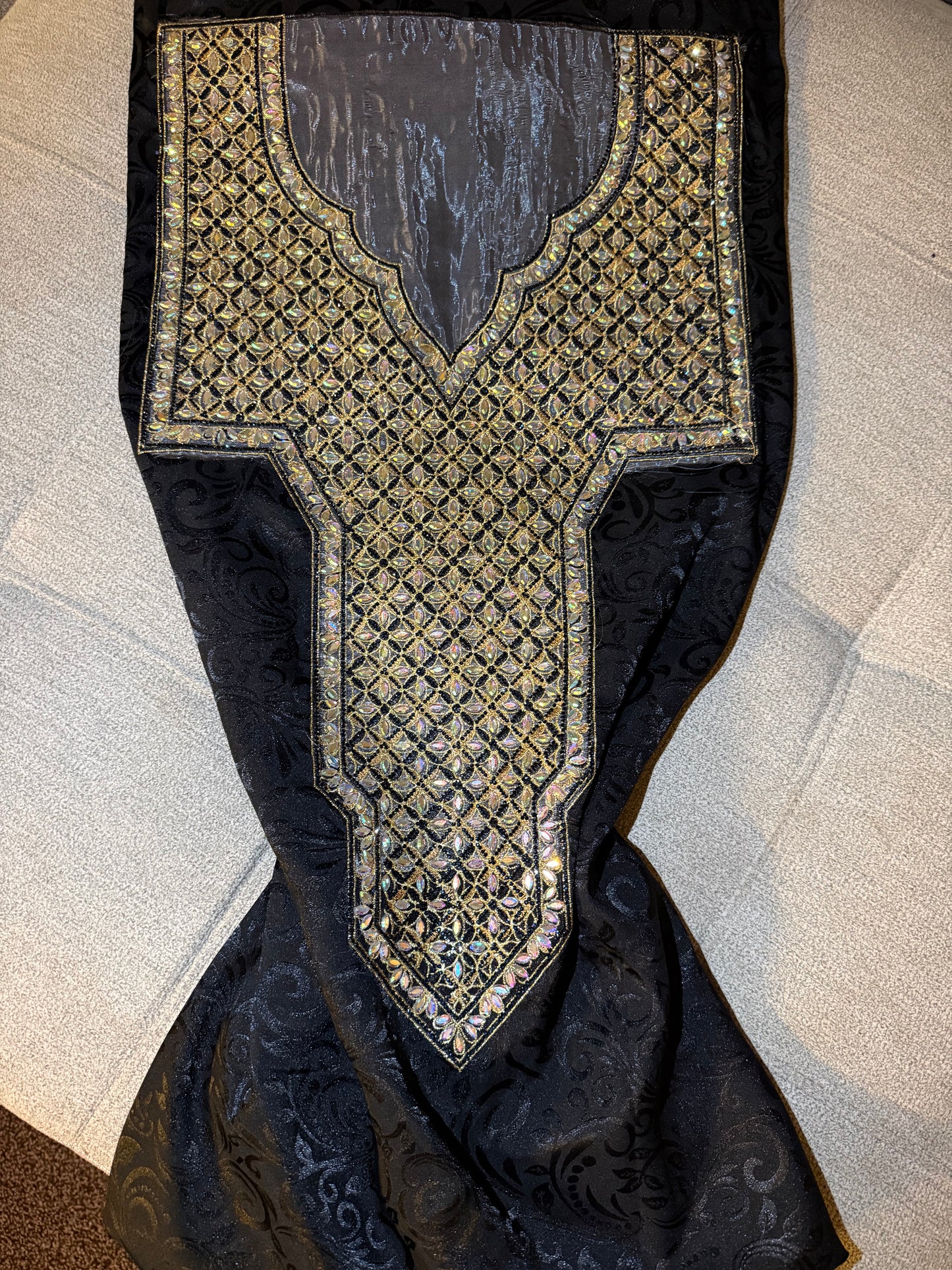 Black Silk Makhwar Fabric with Gold Iridescent Embroidery | Luxury Silk | Majestic Makhwar (Not Ready)