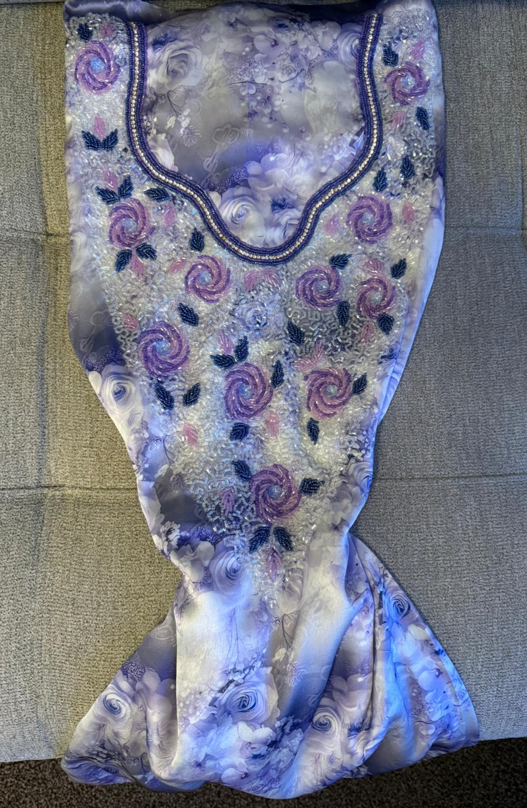 Lavender Floral Silk Makhwar | Rose Bead & Pearl Crystal Embroidery | Luxury Unstitched Fabric
