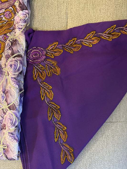 Purple Makhwar Silk Fabric Set | Gold Beaded Floral Embroidery | Made in Indonesia | With Matching Veil (Not Ready)