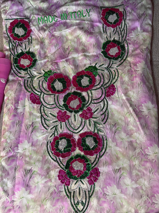 Pure Italy Silk | Pink Makhwar with 3D Flower | Floral Print with Matching Sheila (Not Ready)