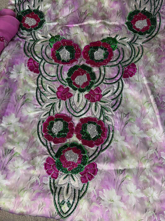 Pure Italy Silk | Pink Makhwar with 3D Flower | Floral Print with Matching Sheila (Not Ready)