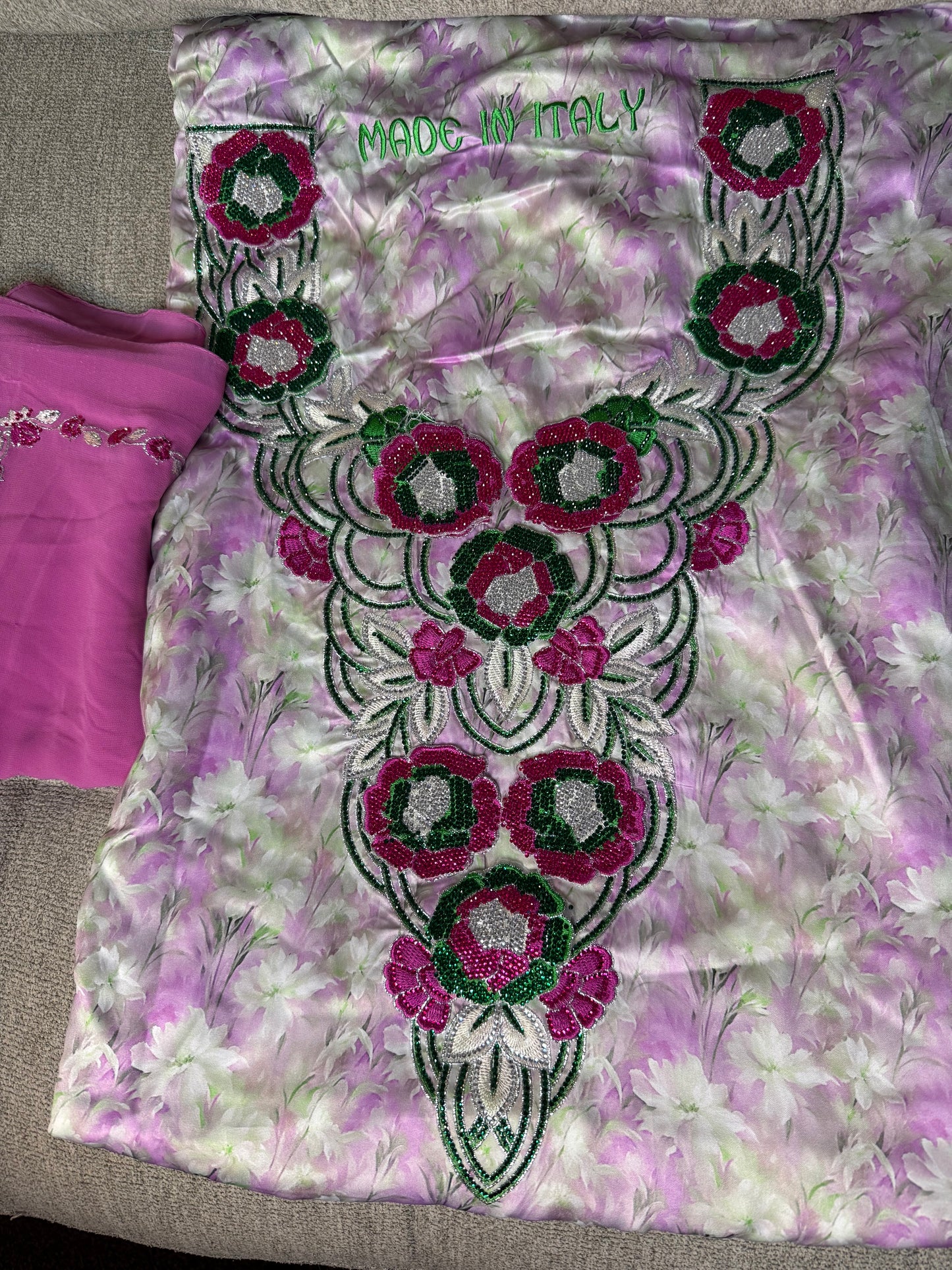Pure Italy Silk | Pink Makhwar with 3D Flower | Floral Print with Matching Sheila (Not Ready)