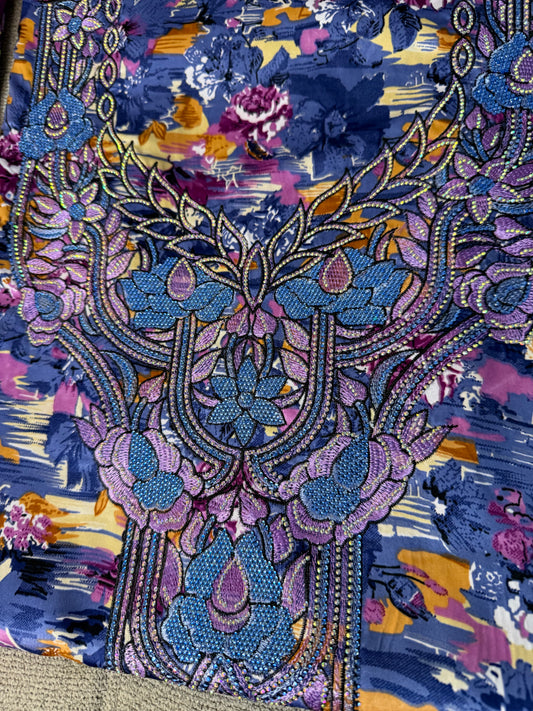 Blue Purple Floral Printed Silk  Makhwar | Beaded Embroidery with Matching Purple Veil | Luxury Occasion Fabric (Not Ready)