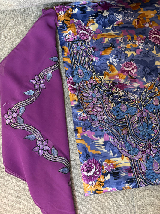 Blue Purple Floral Printed Silk  Makhwar | Beaded Embroidery with Matching Purple Veil | Luxury Occasion Fabric (Not Ready)