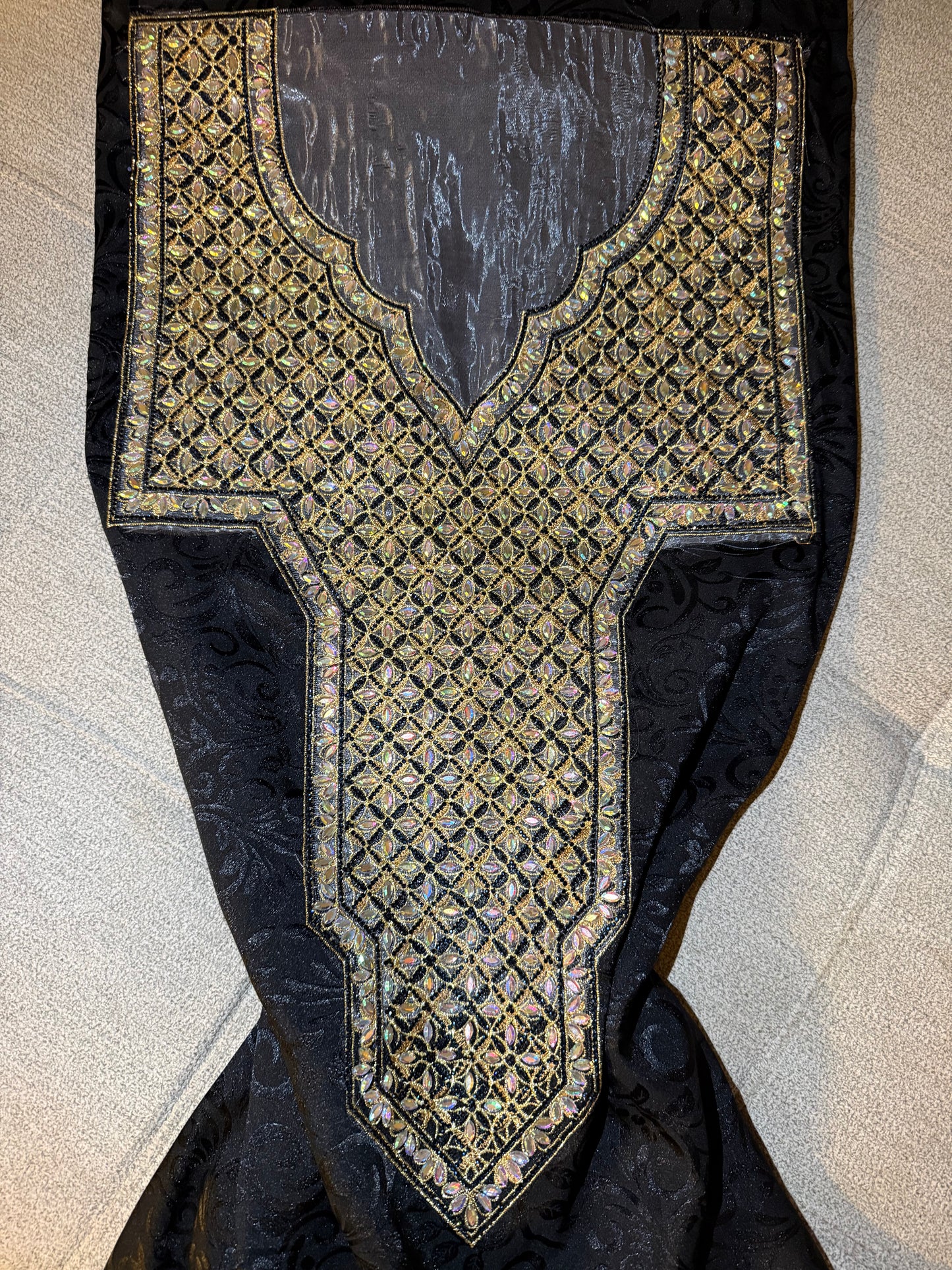 Black Silk Makhwar Fabric with Gold Iridescent Embroidery | Luxury Silk | Majestic Makhwar (Not Ready)
