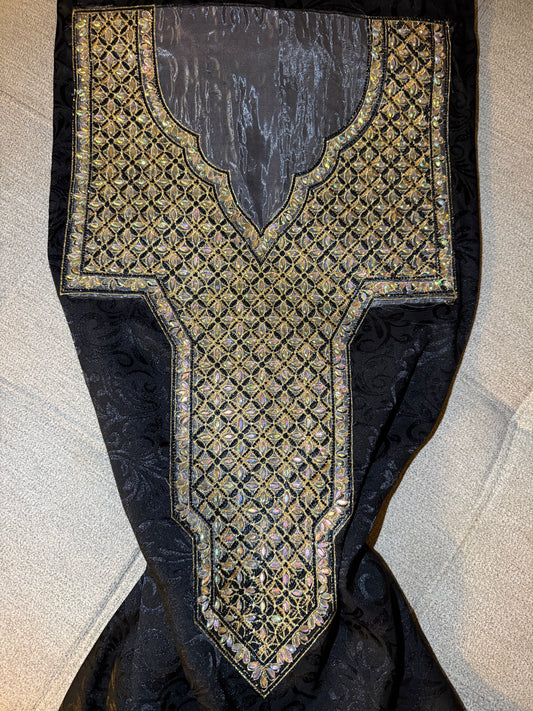 Black Silk Makhwar Fabric with Gold Iridescent Embroidery | Luxury Silk | Majestic Makhwar (Not Ready)