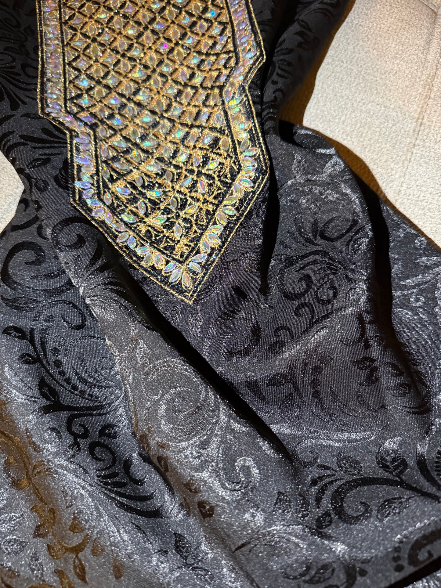 Black Silk Makhwar Fabric with Gold Iridescent Embroidery | Luxury Silk | Majestic Makhwar (Not Ready)