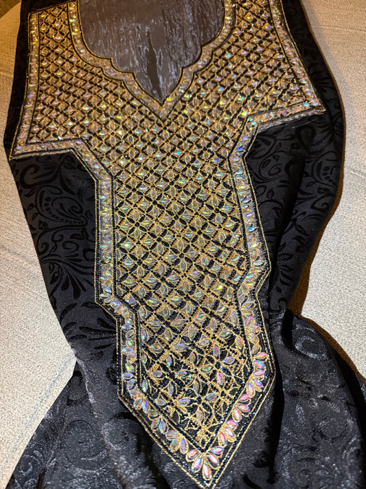 Black Silk Makhwar Fabric with Gold Iridescent Embroidery | Luxury Silk | Majestic Makhwar (Not Ready)