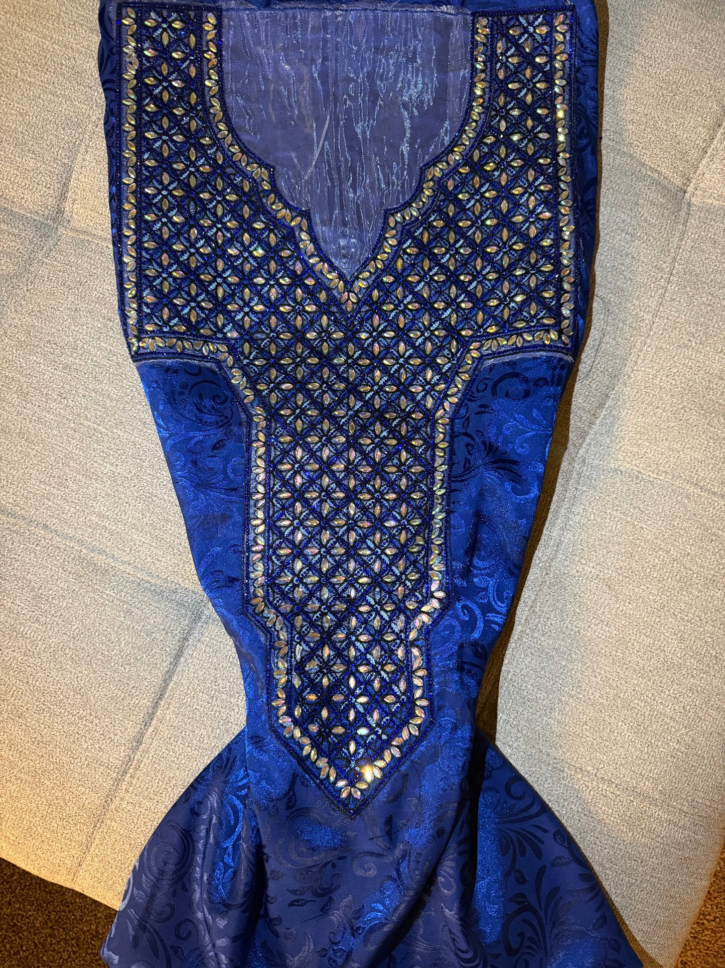 Royal Blue Silk Makhwar Fabric with Iridescent Crystal Embroidery | Premium Silk | Luxury Occasion Fabric (Not Ready)