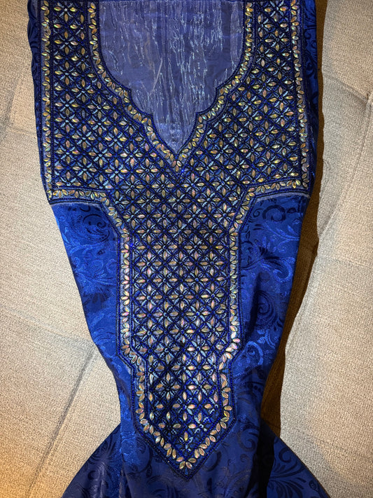 Royal Blue Silk Makhwar Fabric with Iridescent Crystal Embroidery | Premium Silk | Luxury Occasion Fabric (Not Ready)