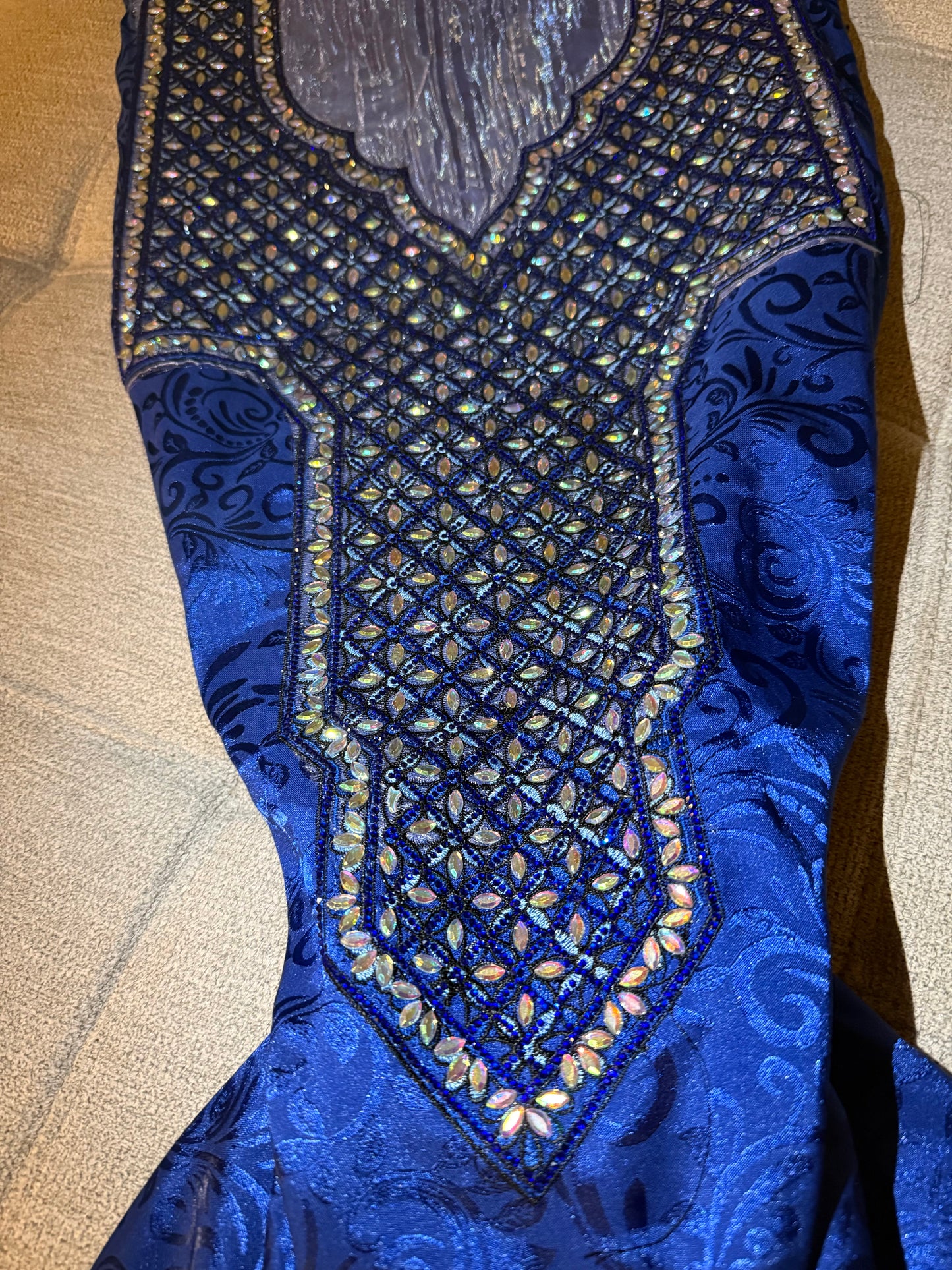 Royal Blue Silk Makhwar Fabric with Iridescent Crystal Embroidery | Premium Silk | Luxury Occasion Fabric (Not Ready)