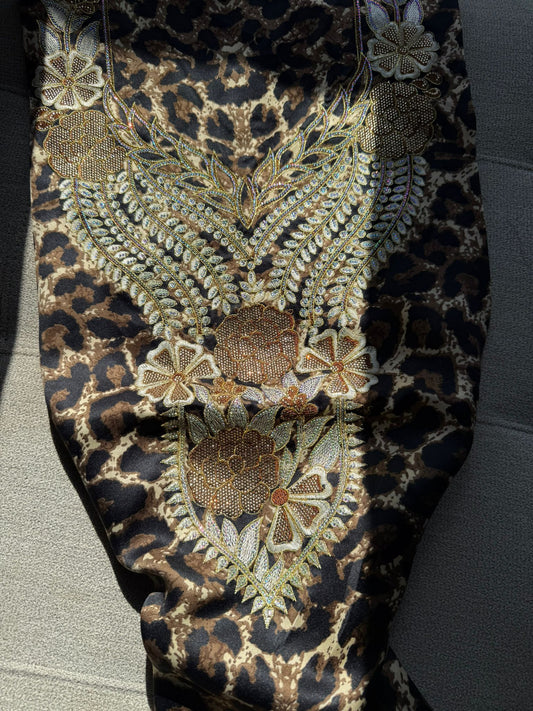 Leopard Print Silk Makhwar Fabric, Luxury Soft Silk Material for Dresses, Abaya, Kaftan, Premium Quality Textile (Not Ready)