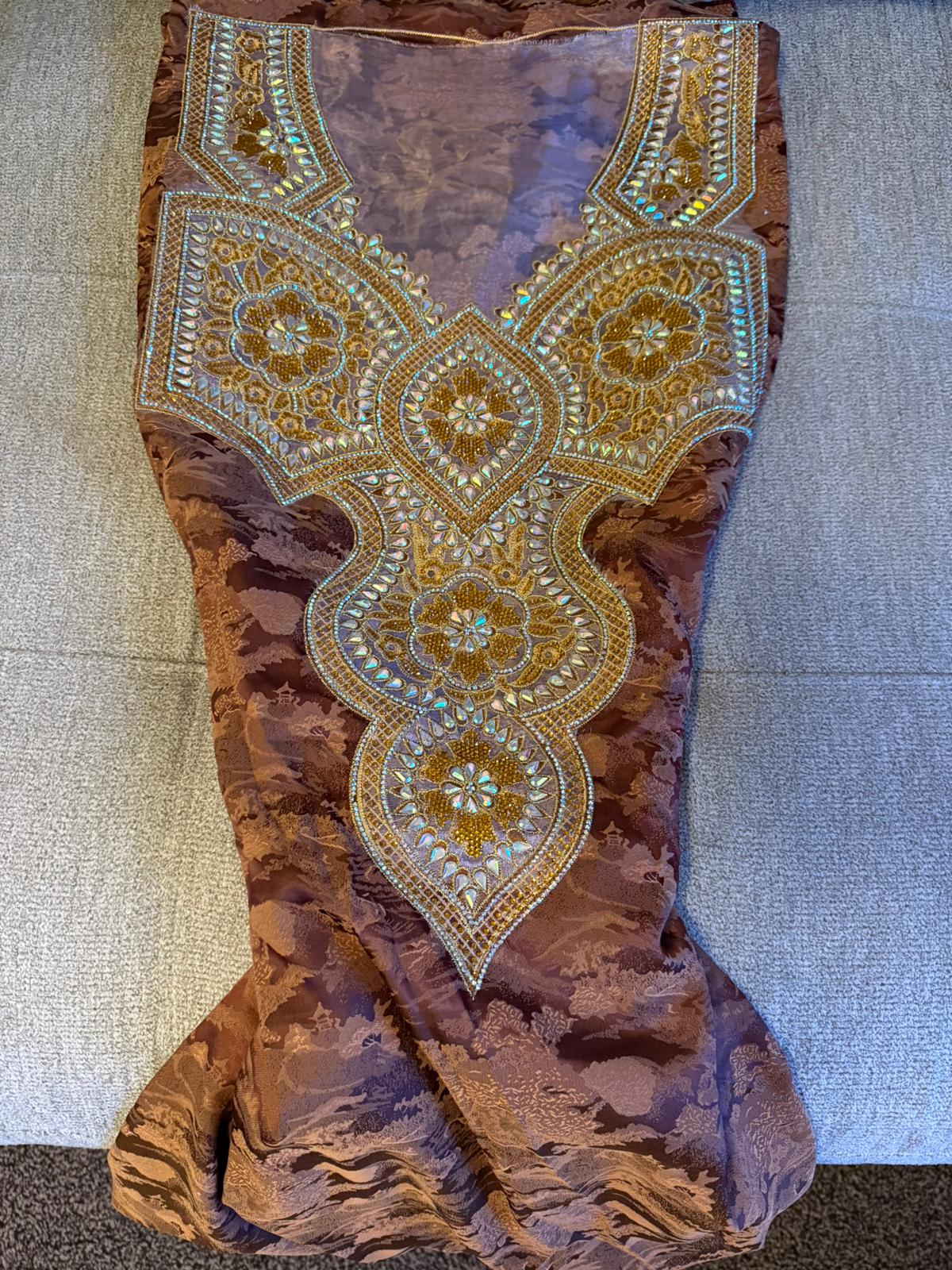 Brown Pure Silk  Makhwar | Gold Iridescent Crystal Embroidery | Unstitched Luxury Occasion Fabric
