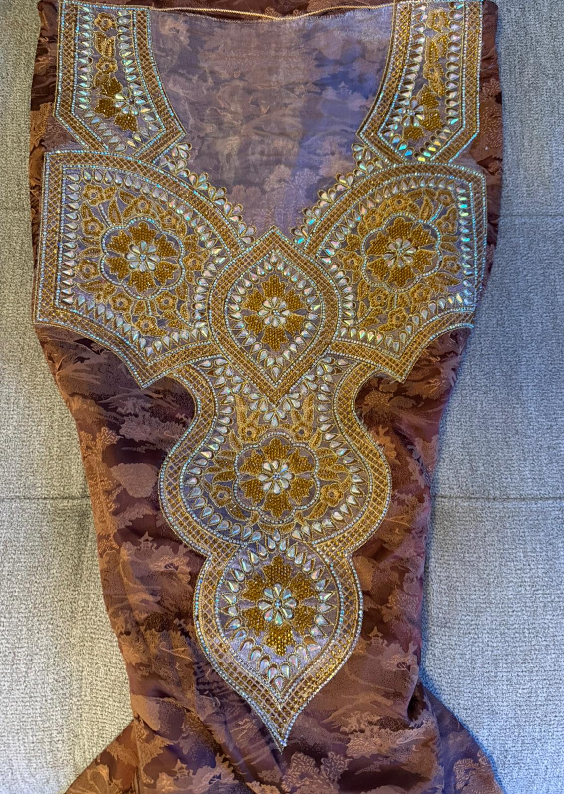 Brown Pure Silk  Makhwar | Gold Iridescent Crystal Embroidery | Unstitched Luxury Occasion Fabric