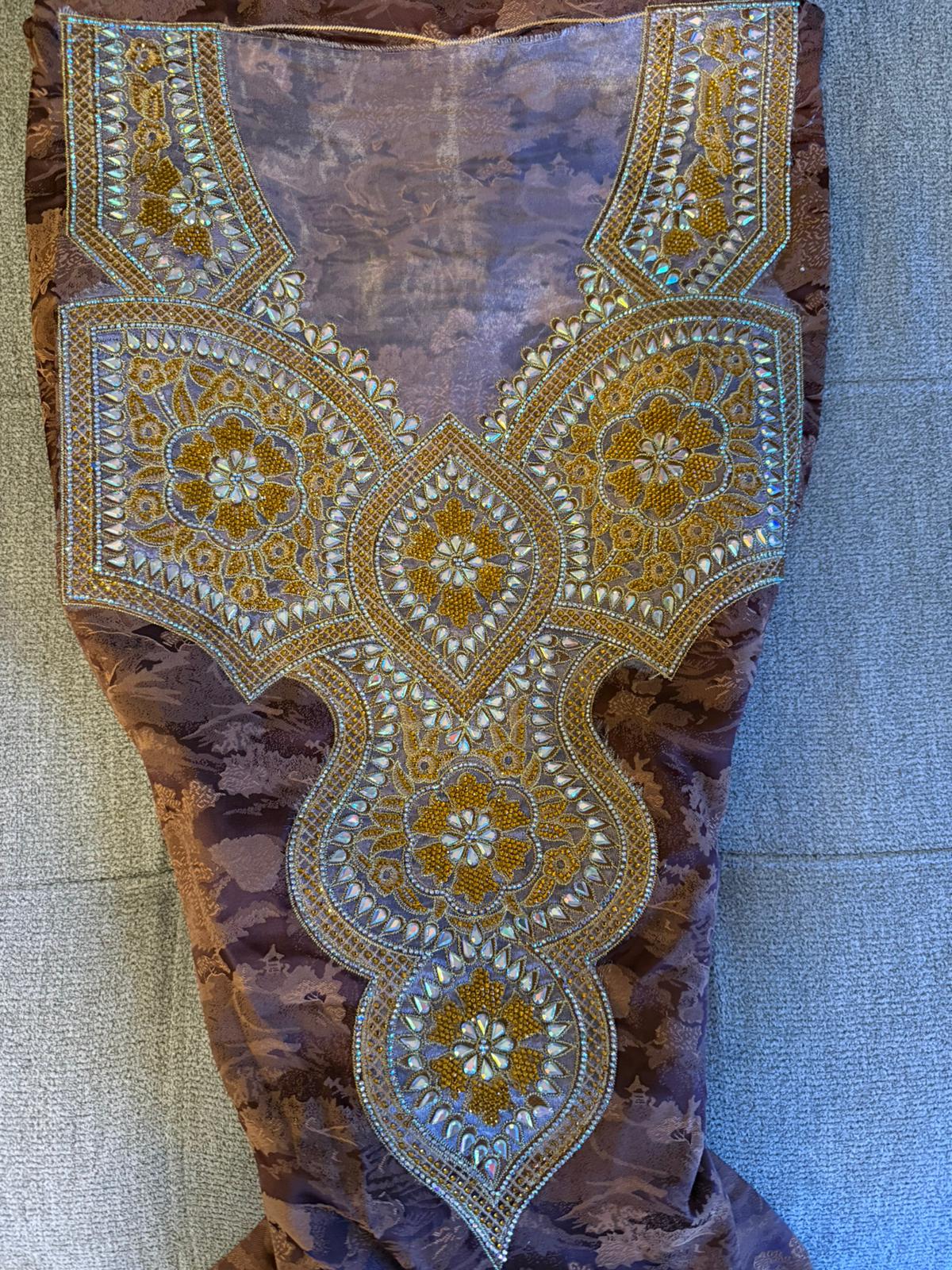 Brown Pure Silk  Makhwar | Gold Iridescent Crystal Embroidery | Unstitched Luxury Occasion Fabric