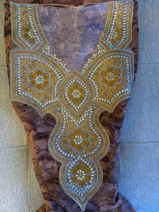 Brown Pure Silk  Makhwar | Gold Iridescent Crystal Embroidery | Unstitched Luxury Occasion Fabric