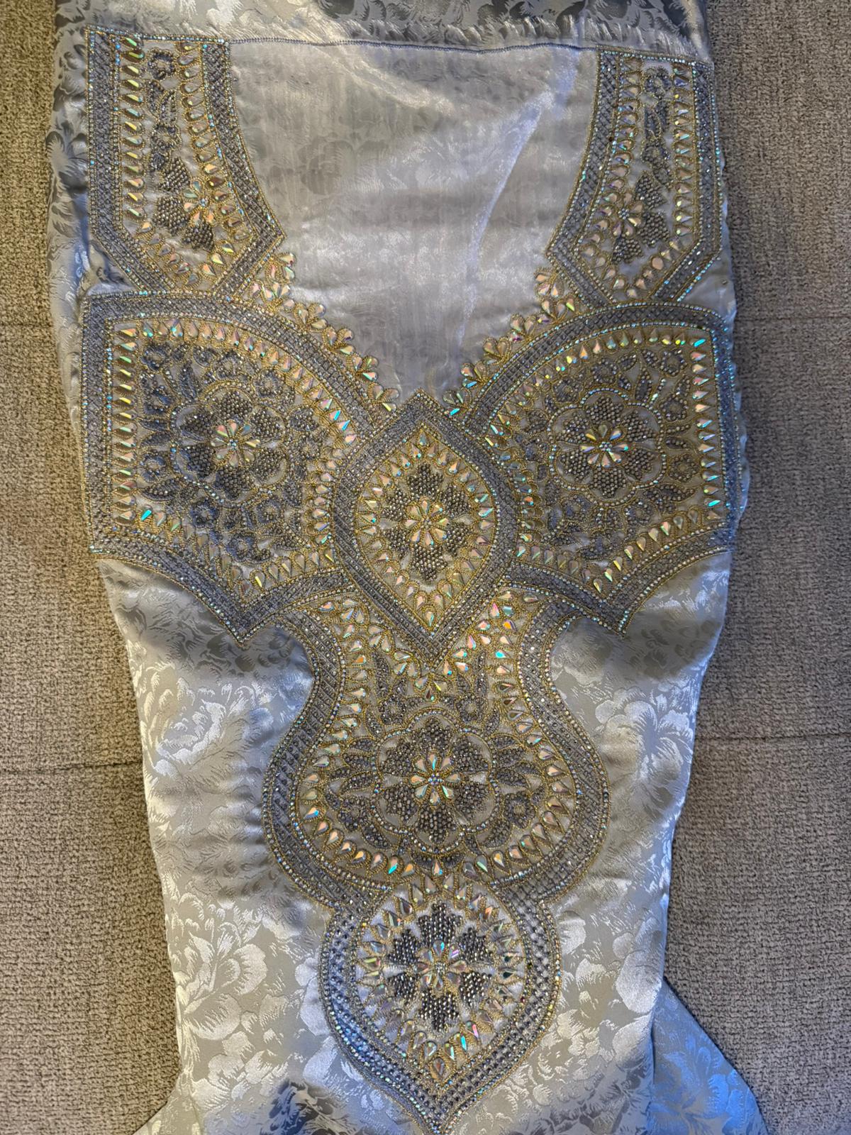 Emirati Grey Pure Silk Makhwar (Unstitched) | Silver Blue Brocade with Gold Crystal Embroidery | Made in Dubai