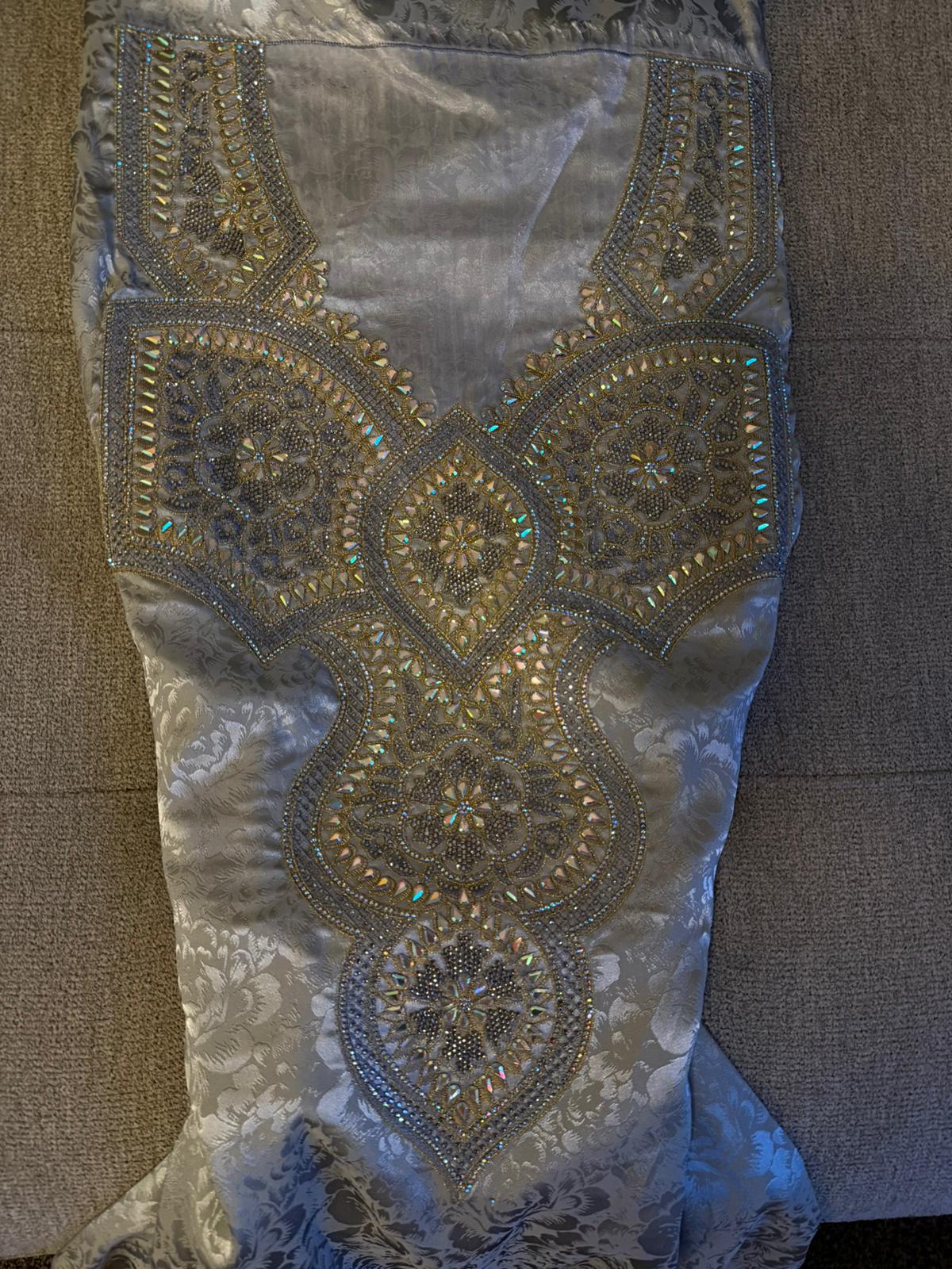 Emirati Grey Pure Silk Makhwar (Unstitched) | Silver Blue Brocade with Gold Crystal Embroidery | Made in Dubai