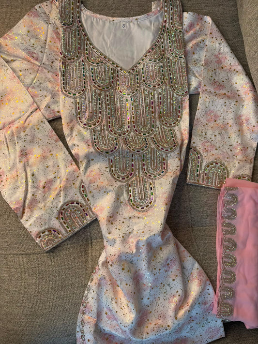 Pink Emirati Silk  Makhwar with Shayla