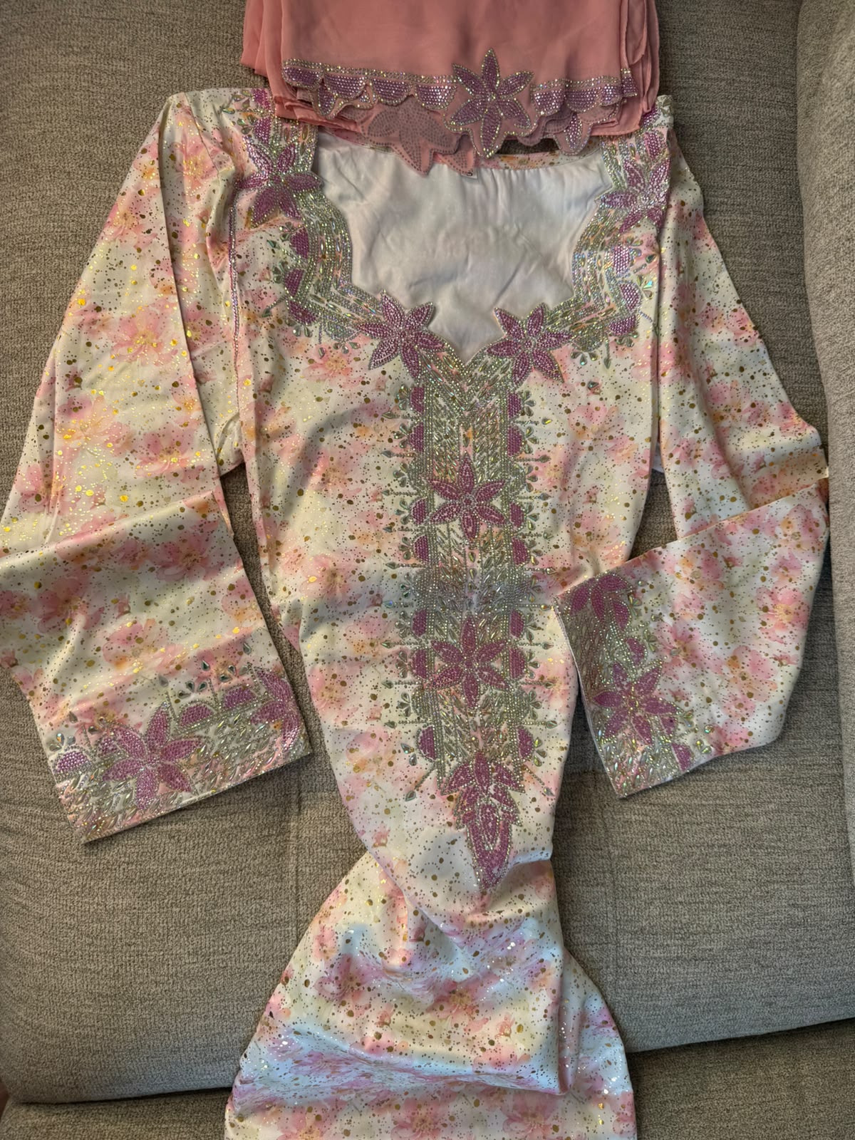 Pink Pure Silk Emirati Makhwar with Shayla