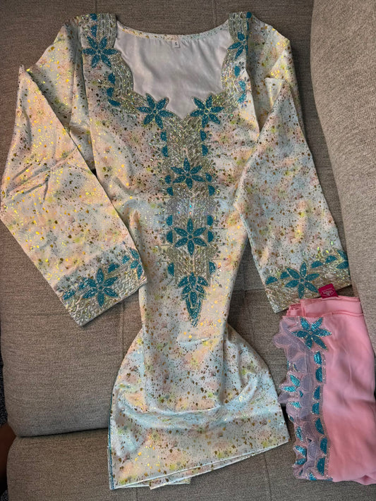 Bleu pure silk Emirati Makhwar, with Shayla, Ready to wear