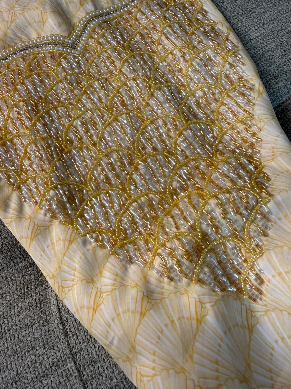 Yellow Seashells Pure Silk Makhwar, ( Unstitched )