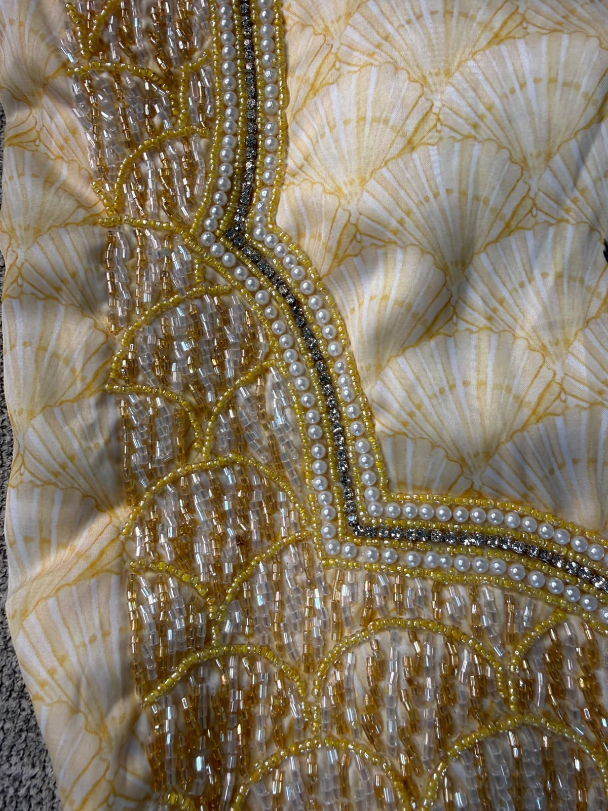 Yellow Seashells Pure Silk Makhwar, ( Unstitched )