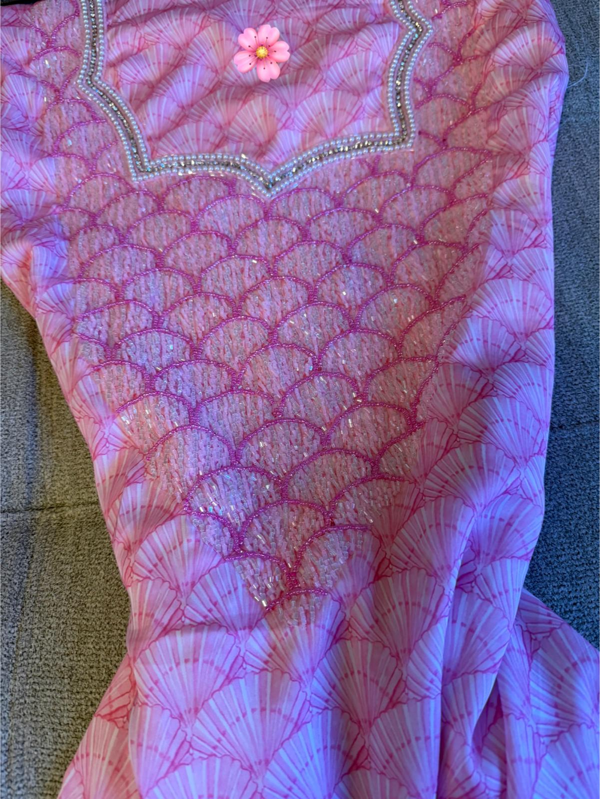 Pink Shell Print Makhwar | Pearl & Crystal Beaded Neckline | Unique Fan Pattern | Unstitched Luxury Fabric