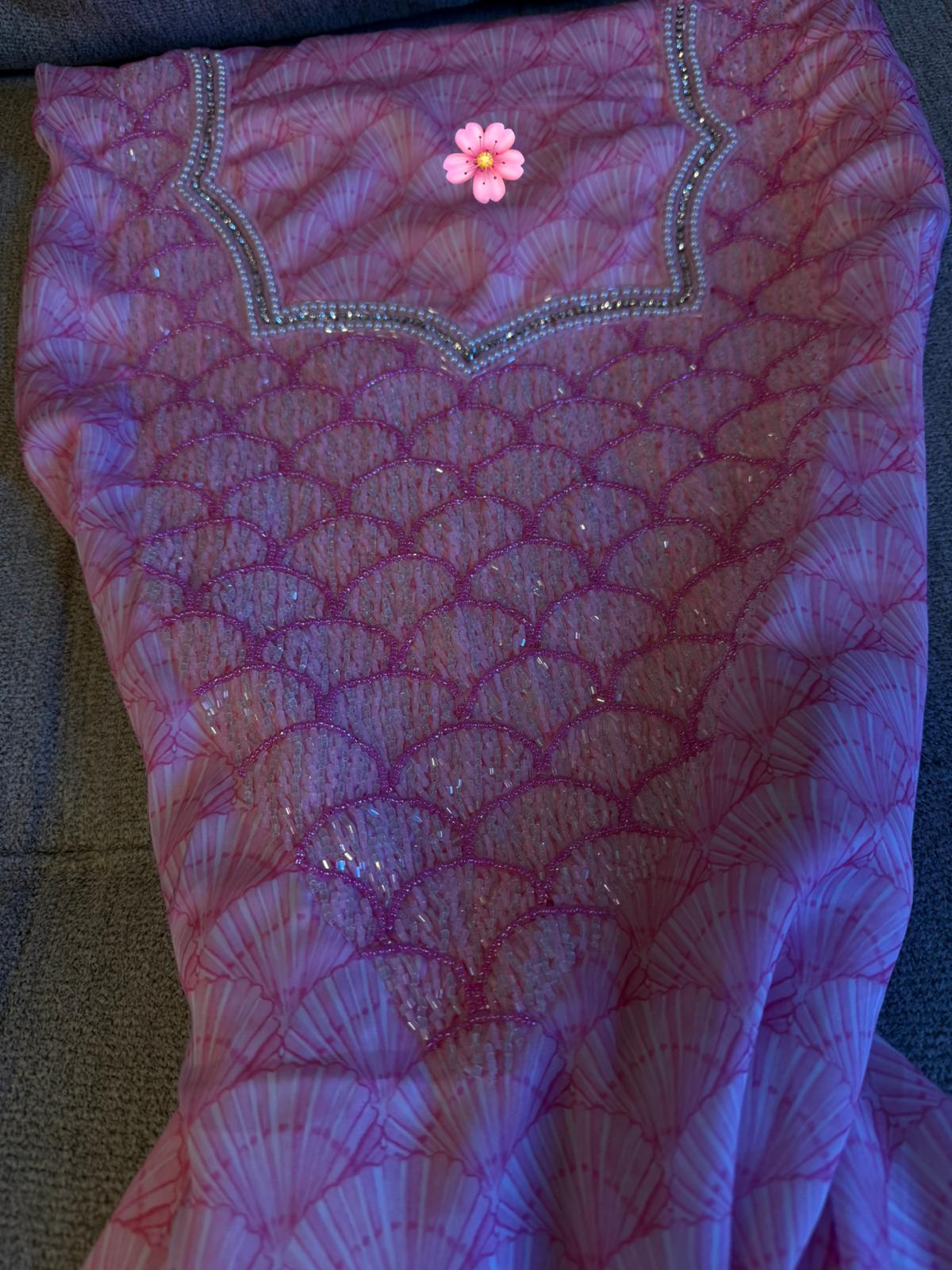Pink Shell Print Makhwar | Pearl & Crystal Beaded Neckline | Unique Fan Pattern | Unstitched Luxury Fabric
