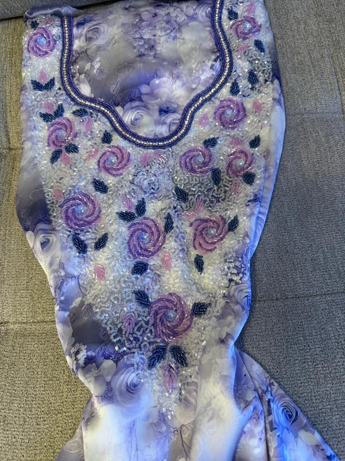 Lavender Floral Silk Makhwar | Rose Bead & Pearl Crystal Embroidery | Luxury Unstitched Fabric
