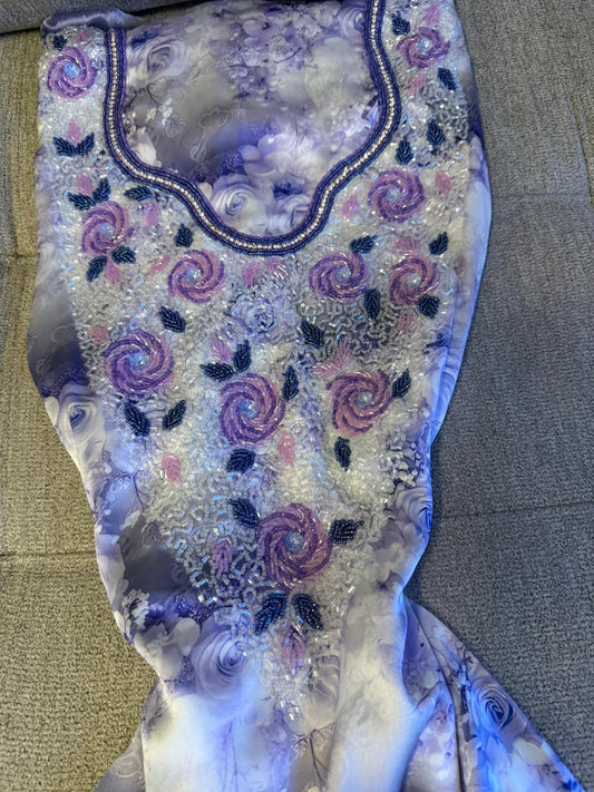Lavender Floral Silk Makhwar | Rose Bead & Pearl Crystal Embroidery | Luxury Unstitched Fabric