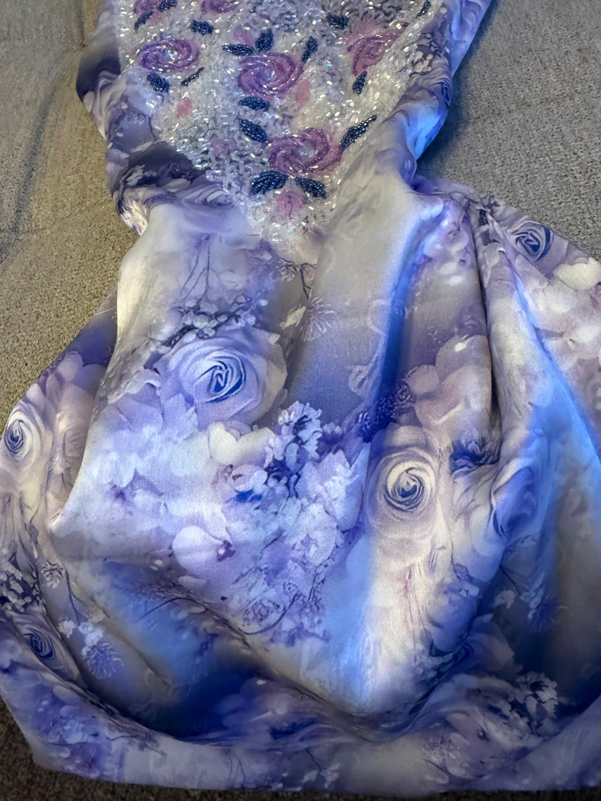 Lavender Floral Silk Makhwar | Rose Bead & Pearl Crystal Embroidery | Luxury Unstitched Fabric