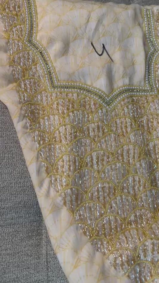 Yellow Seashells Pure Silk Makhwar, ( Unstitched )