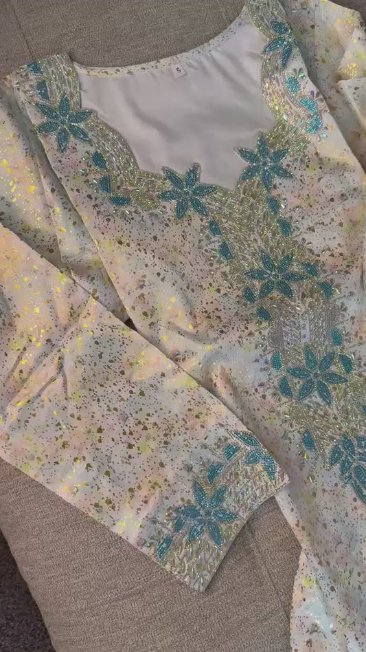 Bleu pure silk Emirati Makhwar, with Shayla, Ready to wear